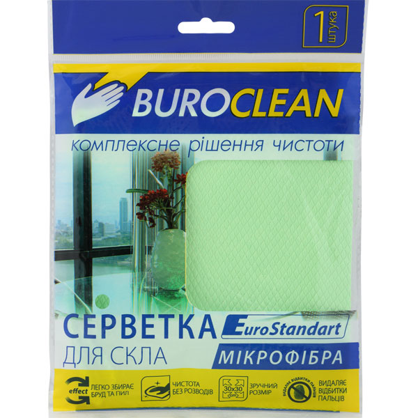 Серветка мікрофібра</br>Buroclean EuroStandart</br>для скла та дзеркал</br>30 х 30 см 1 штука