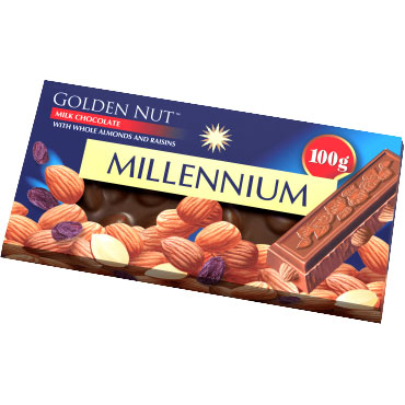 Шоколад молочнийMillennium Goldз цілим мигдалем та родзинками100 г