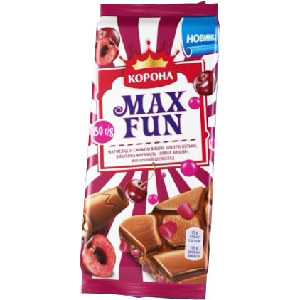 Шоколад молочнийКорона Max Funвибухова карамель з вишнею150 г