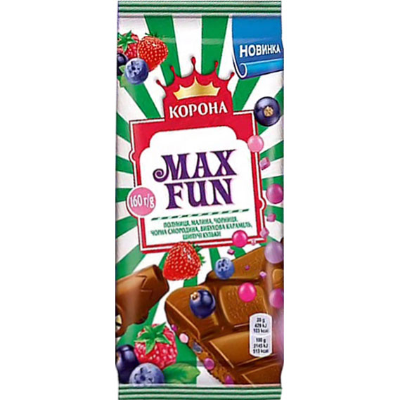 Шоколад молочнийКорона Max Funз карамеллю, полуницею, чорницею150 г