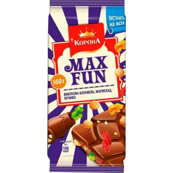 Шоколад молочнийКорона Max Funз карамеллю, мармеладом та печивом150 г