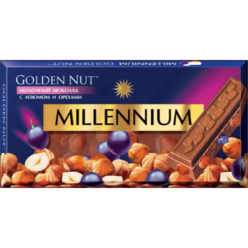 Шоколад молочнийMillennium Goldз цілим лісовим горіхом та родзинками100 г