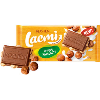ШоколадRoshen Lacmi молочний з цілими лісовими горіхами90 г